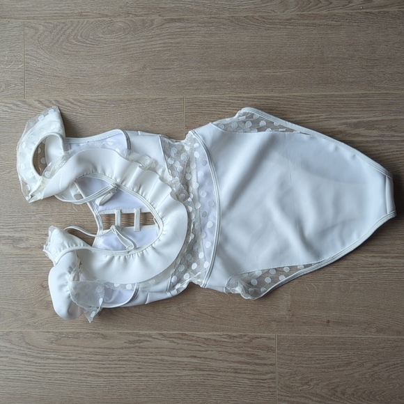 ASOS neoprene frill lattice Bardot dot mesh swimsuit - Picture 8 of 11